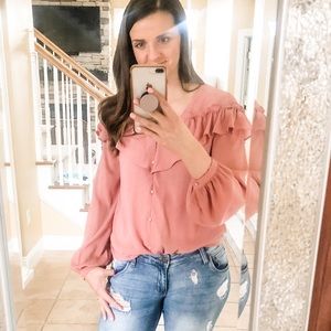 Ruffle shoulder button down blouse